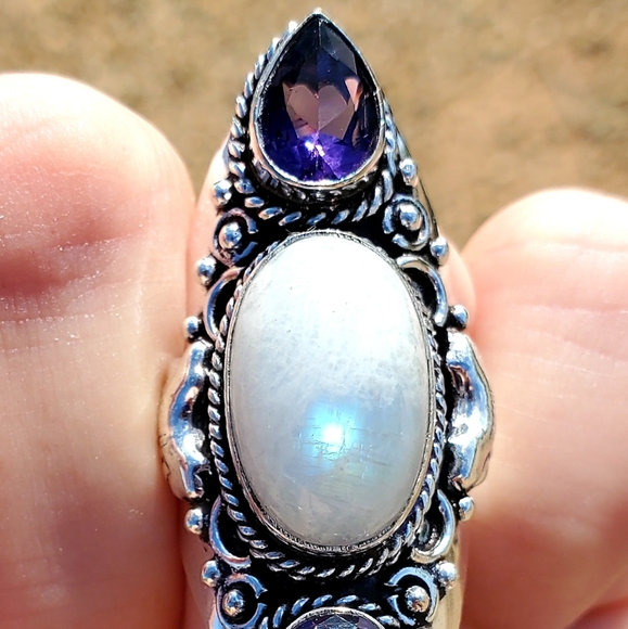 New Rainbow Moonstone & Amethyst 925 Silver Statement Ring. - Picture 11 of 16